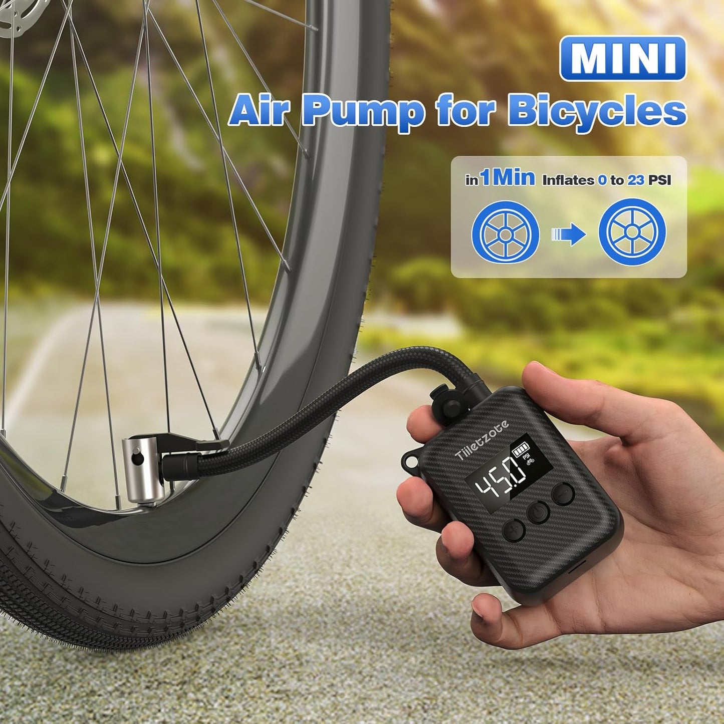 Electric Mini Bike Pump 130 PSI, Portable Bike Tire Pump with Gauge, Rechargeable Tiny Bicycle Inflator, Auto-Shutoff Bike Tire Inflator for Mountain/City/Road Bike with Presta & Schrader Valve